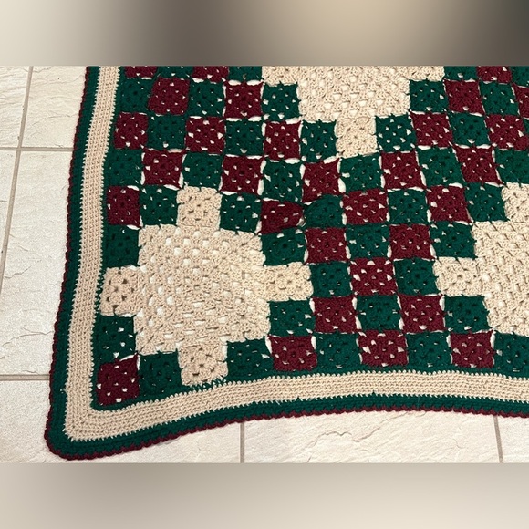 VTG Handmade Afghan Couch Throw Blanket Maroon Green Tan 60” x 65” Crochet - Picture 3 of 8